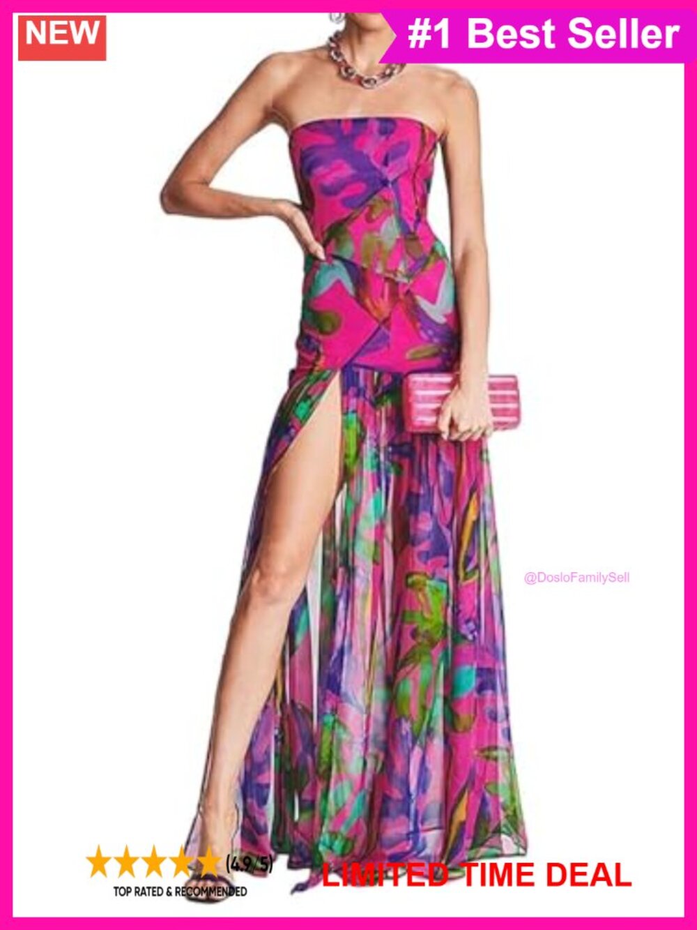 Women Strapless Mesh Patchwork High Slit Maxi Dress Party Clubwear